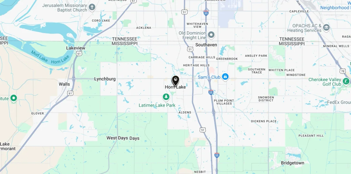 A-Line Striping service area map covering Mississippi, Tennessee, and Arkansas